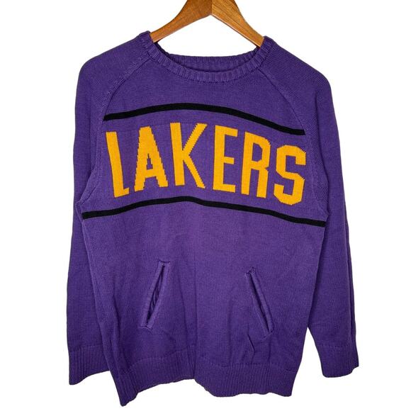 NBA Vintage Y2K Mens S LAKERS Knit Logo Sweater Front Pockets Crewneck Purple - Picture 1 of 7